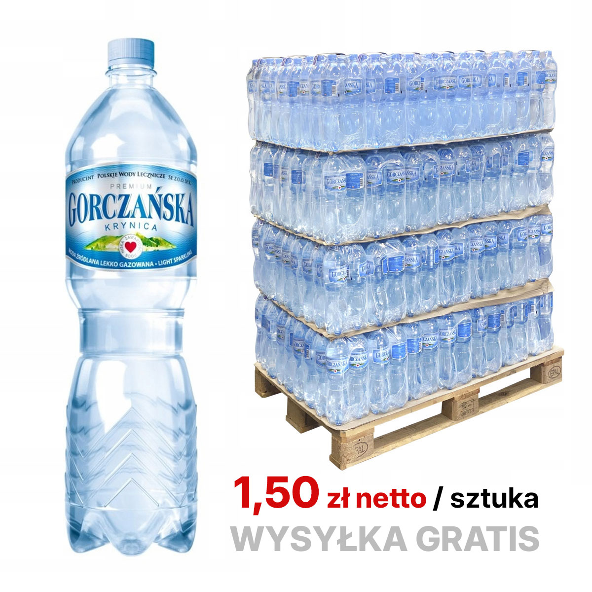 Gorczańska krynica woda źródlana lekko gazowana 504 x 1,5 l - (1,50 netto sztuka) - PALETA