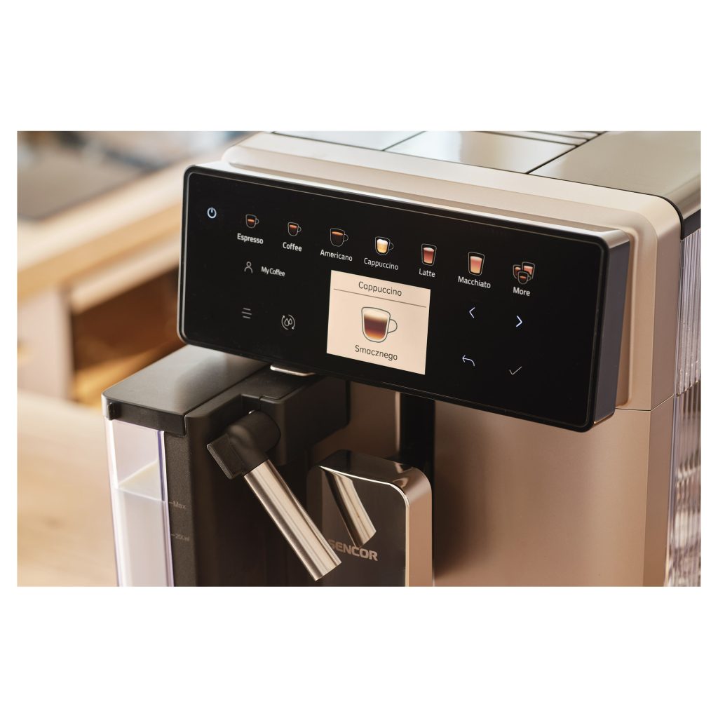Kolorowy ekran LCD ekspresu Sencor SES 9350CH z polskim menu Cappuccino