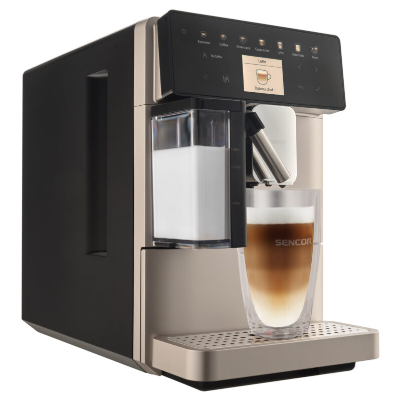 Sencor SES 9350CH z podłączonym pojemnikiem EasyLatte i szklanką latte