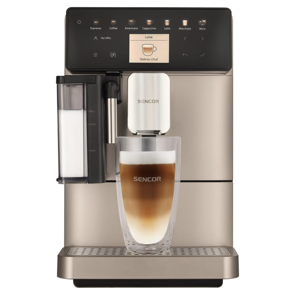 Ekspres automatyczny Sencor SES 9350CH od frontu z przygotowanym latte