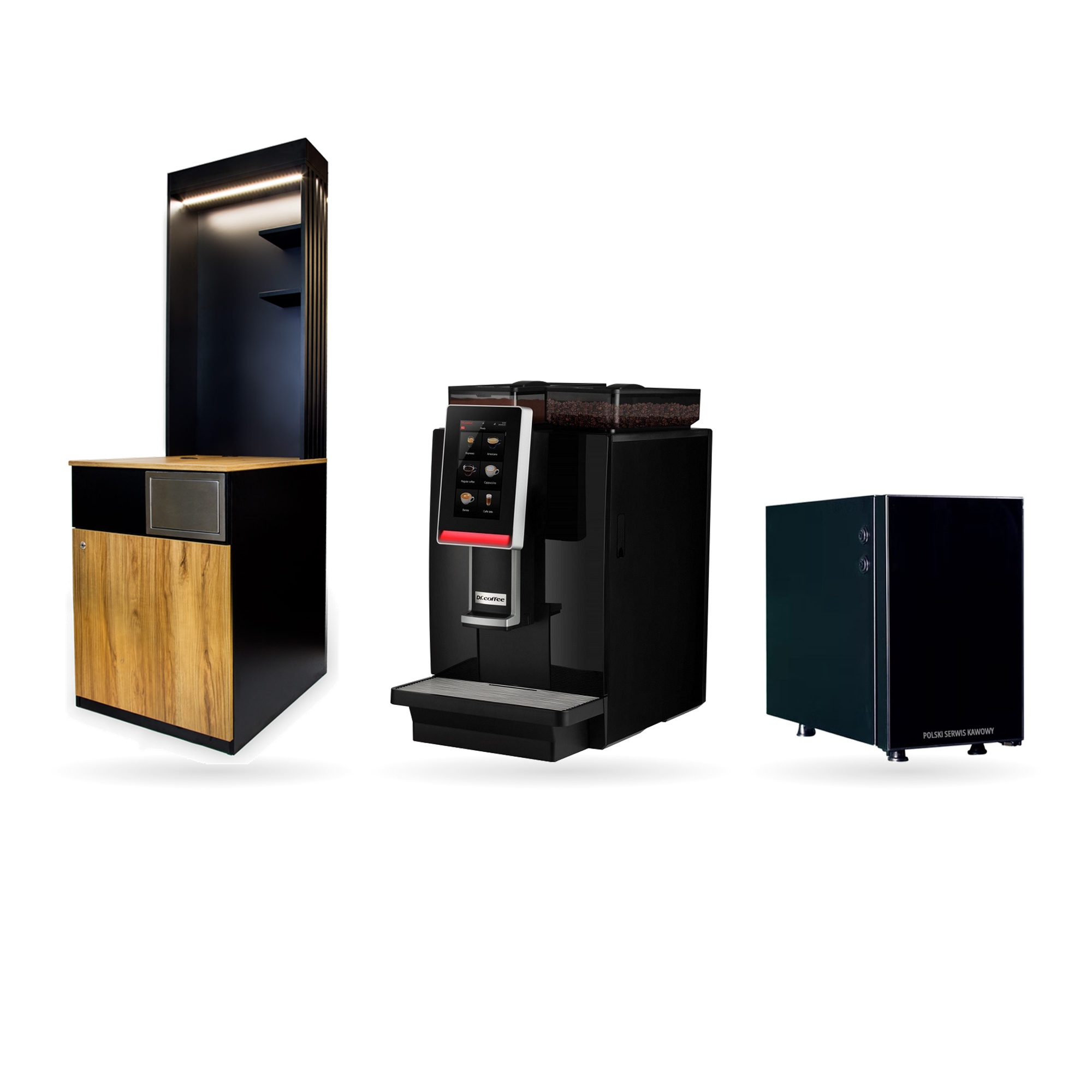 Zestaw Dr.Coffee MiniBar S + szafka LED + lodówka na mleko — oryginalne zdjęcia produktów obok siebie