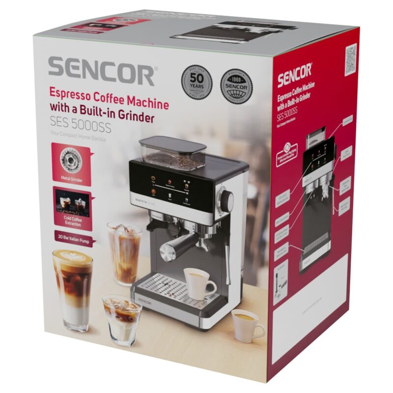 Ekspres kolbowy Sencor SES 5000SS espresso z wbudowanym młynkiem — opakowanie produktu