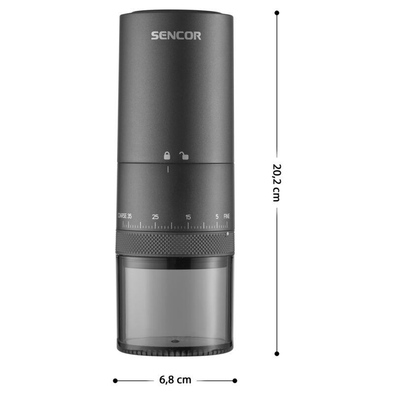 Bezprzewodowy młynek do kawy Sencor SCG 4000BK USB-C, ceramiczny, 38 ustawień — wymiary i konstrukcja