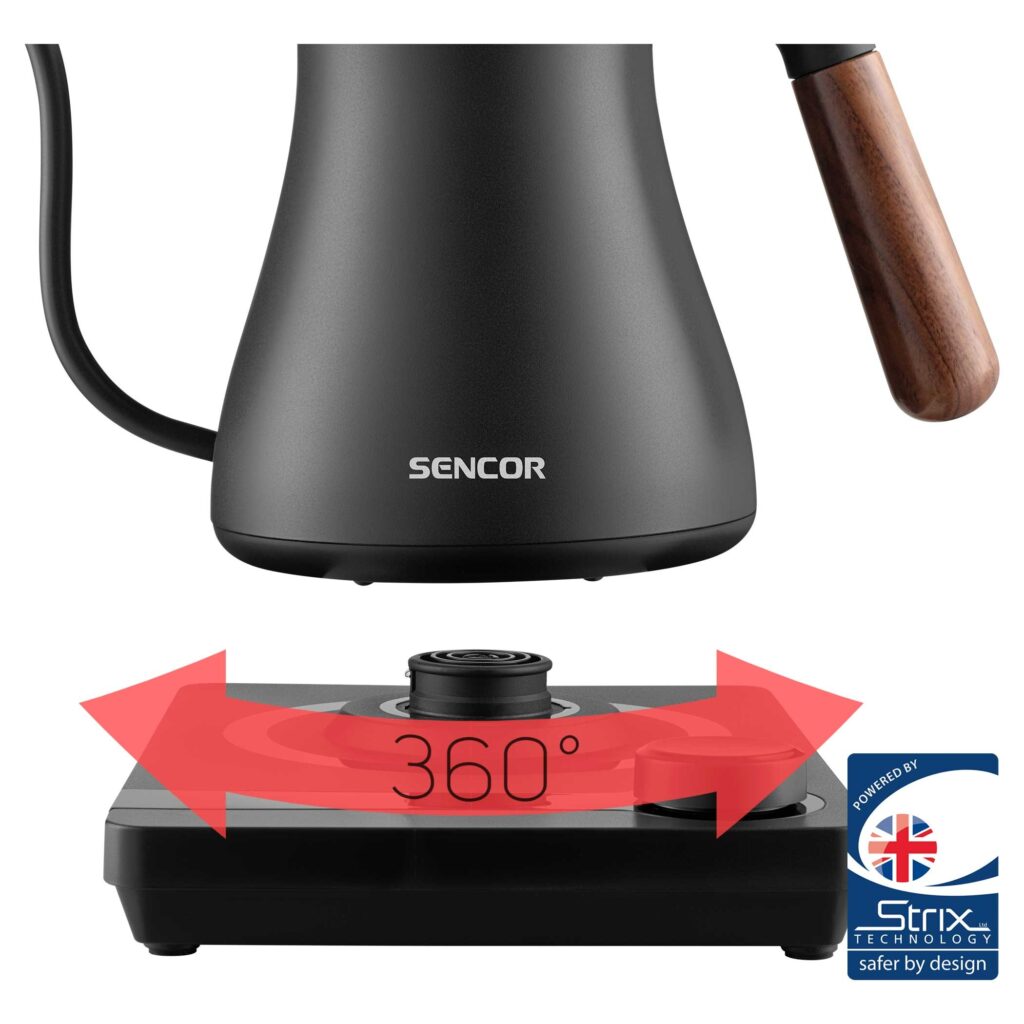 Czajnik elektryczny Sencor SWK 2828BK Pour Over 0,6 l, regulacja temperatury — podstawa i przewód zasilający