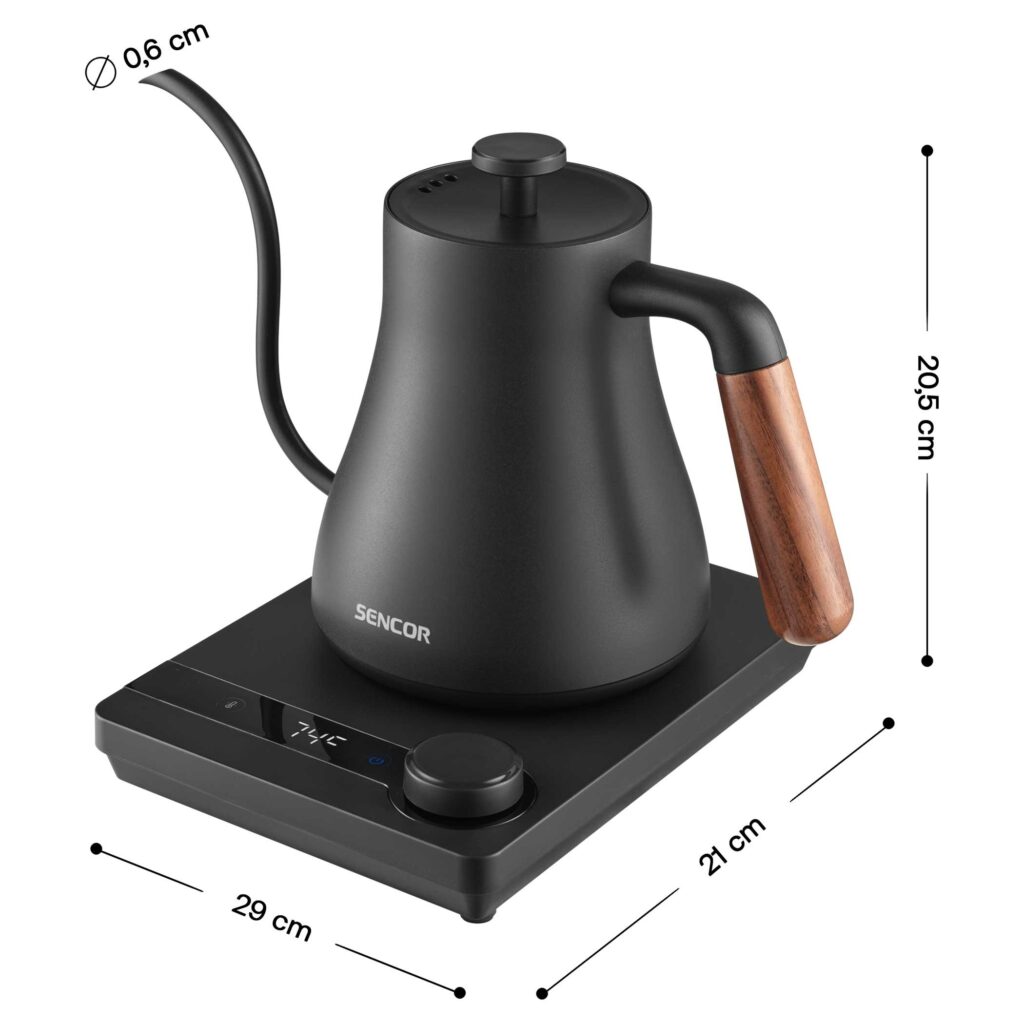 Czajnik elektryczny Sencor SWK 2828BK Pour Over 0,6 l, regulacja temperatury — wymiary i konstrukcja