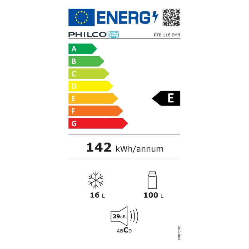 Chłodziarko-zamrażarka jednodrzwiowa Philco PTB 116 EMB 116 l czarna — etykieta energetyczna