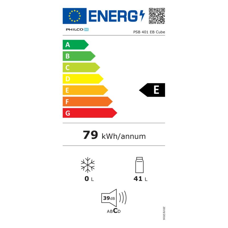 Lodówka jednodrzwiowa Philco PSB 401 EB Cube 41 l czarna — etykieta energetyczna