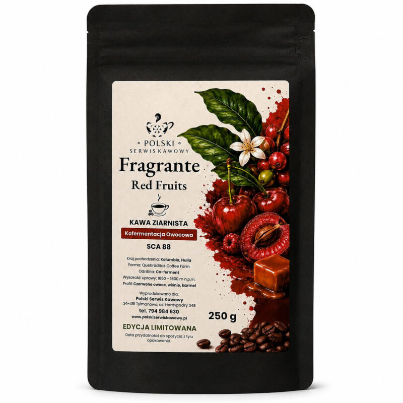 Kawa ziarnista Fragrante Red Fruits Co-ferment 250 g – opakowanie Polskiego Serwisu Kawowego