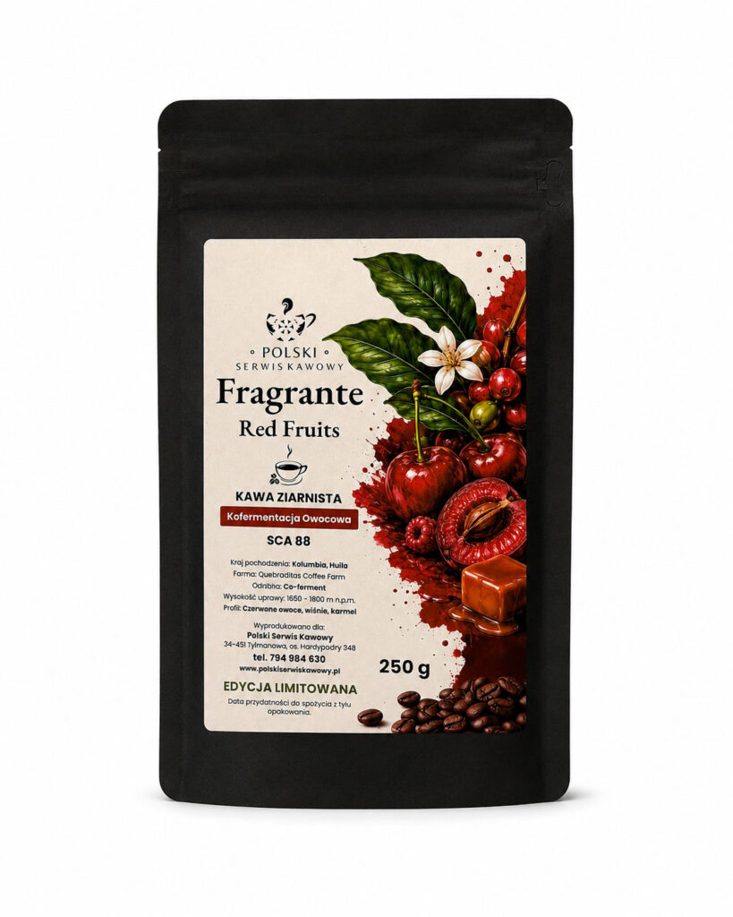 Kawa ziarnista Fragrante Red Fruits Co-ferment 250 g – opakowanie Polskiego Serwisu Kawowego