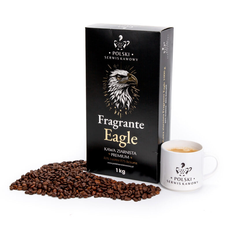 Kawa ziarnista Fragrante Eagle Premium 1 kg – opakowanie, ziarna i filiżanka espresso