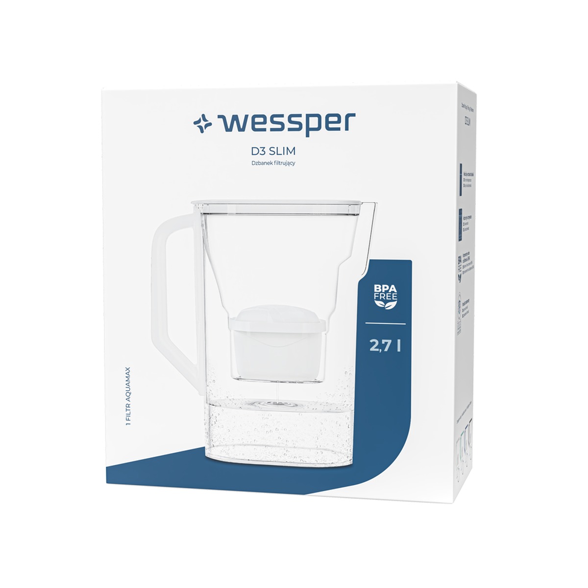 Dzbanek filtrujący Wessper D3 SLIM AquaMax 2,7 l biały – opakowanie