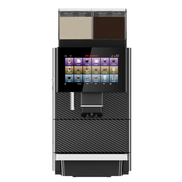 Dr.Coffee T200 – widok z przodu z ekranem dotykowym i dwoma pojemnikami instant