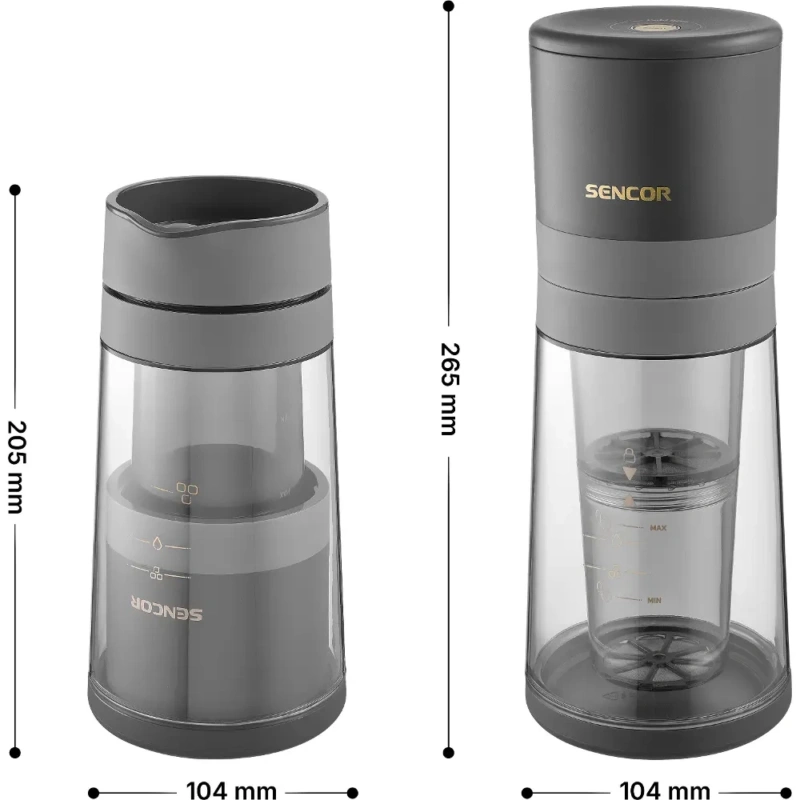 Sencor SCE 1000BK – wymiary ekspresu i kubka podróżnego