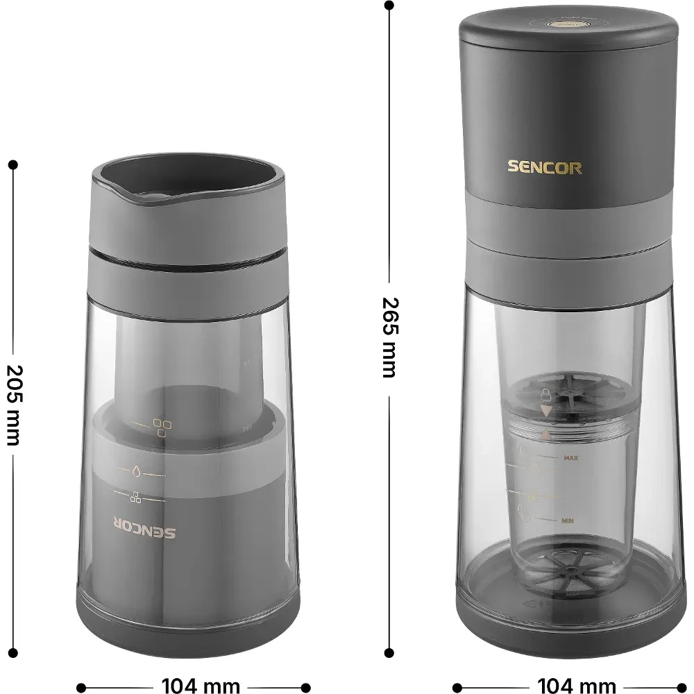 Sencor SCE 1000BK – wymiary ekspresu i kubka podróżnego
