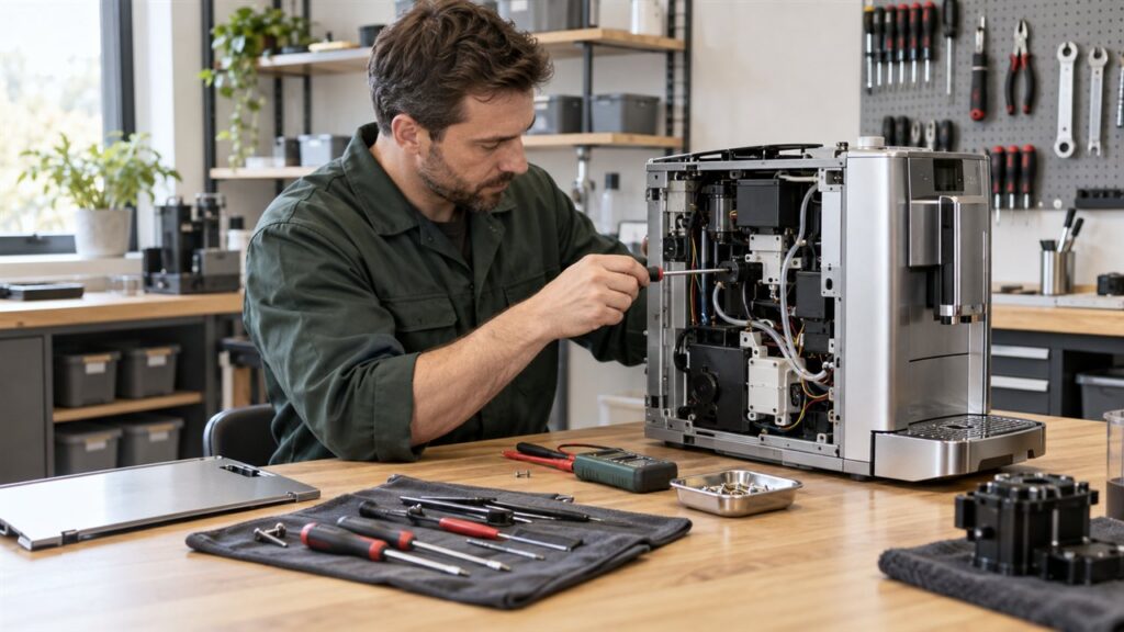 Ilustracja oddziału serwisowego — technik naprawiający ekspres