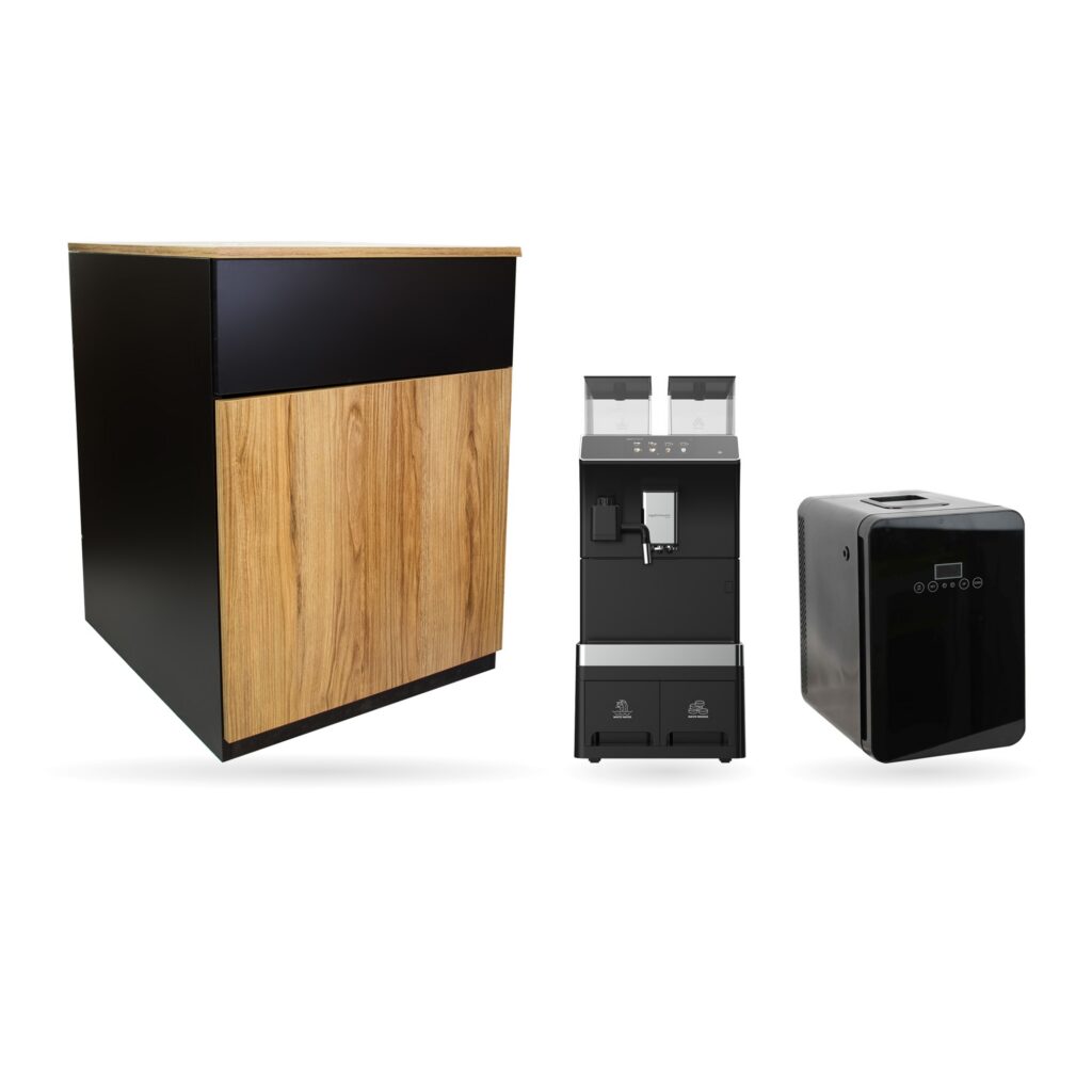 Zestaw Optimum Pro Aurel CM-1323 + szafka do samodzielnego montażu + lodówka na mleko — oryginalne zdjęcia produktów obok siebie