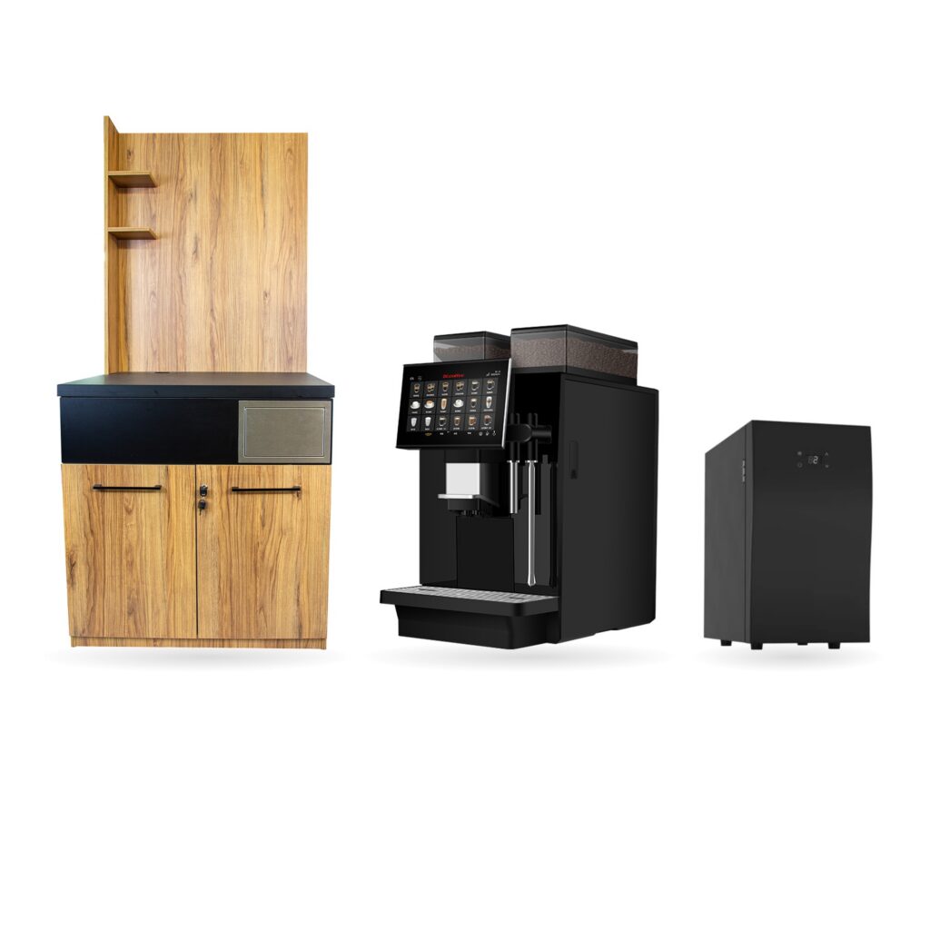 Zestaw Dr.Coffee Coffee Express + duża szafka + lodówka na mleko — oryginalne zdjęcia produktów obok siebie