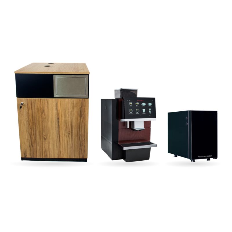 Zestaw Dr.Coffee F16 + szafka + lodówka na mleko — oryginalne zdjęcia produktów obok siebie
