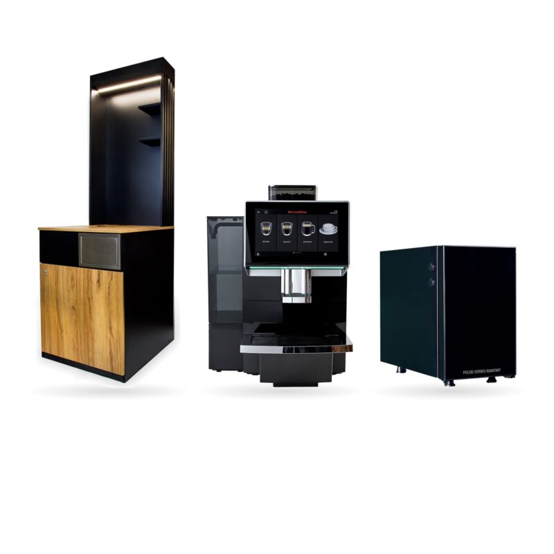 Zestaw Dr.Coffee GT2 BIG PLUS PRO + szafka LED + lodówka na mleko — oryginalne zdjęcia produktów obok siebie