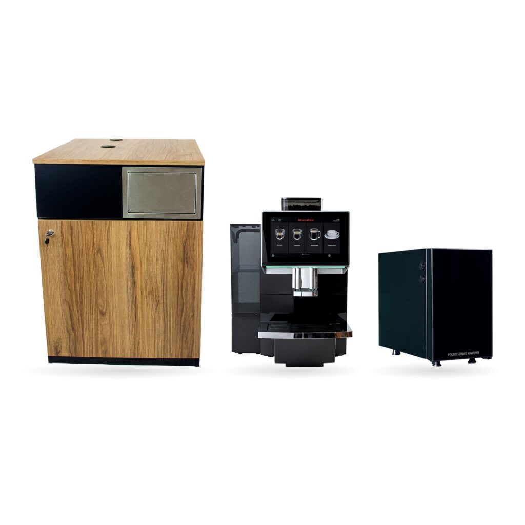 Zestaw Dr.Coffee GT2 BIG PLUS PRO + szafka + lodówka na mleko — oryginalne zdjęcia produktów obok siebie