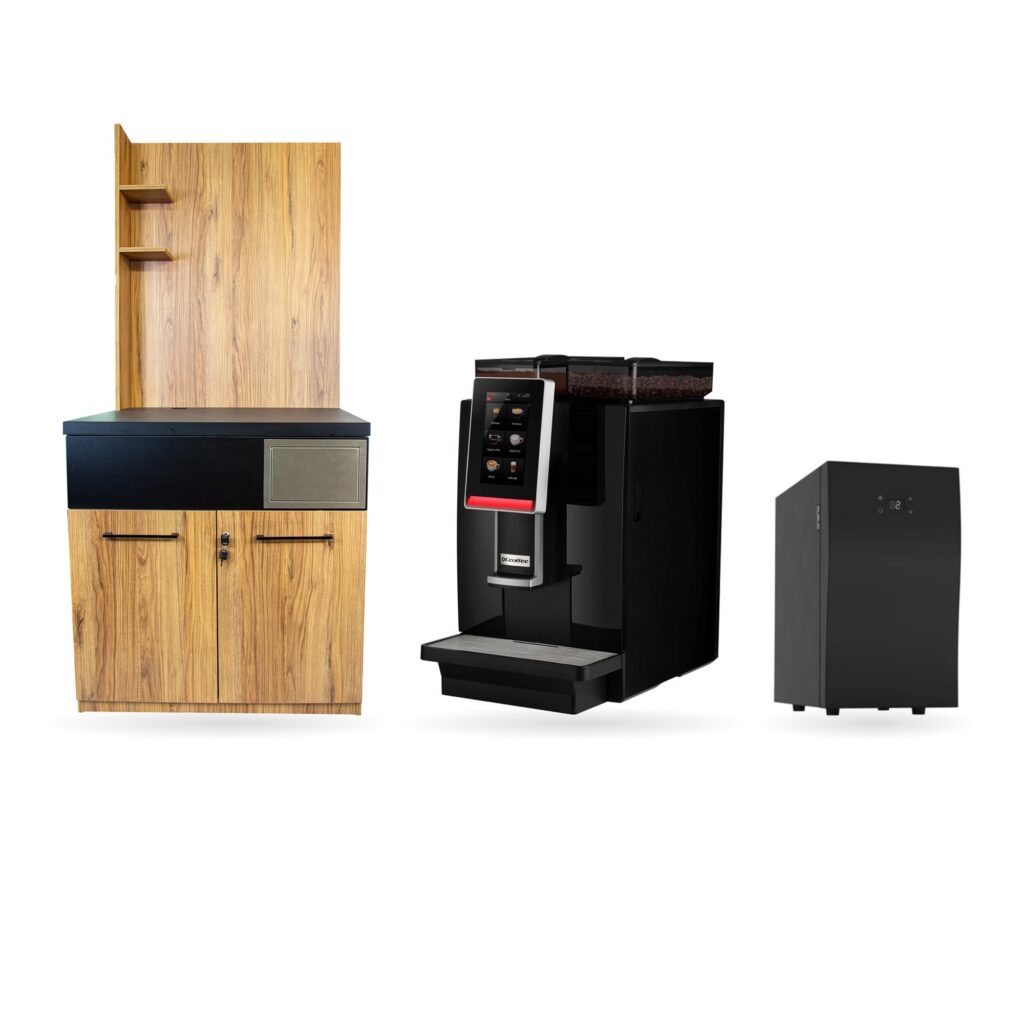 Zestaw Dr.Coffee MiniBar S + duża szafka + lodówka na mleko — oryginalne zdjęcia produktów obok siebie