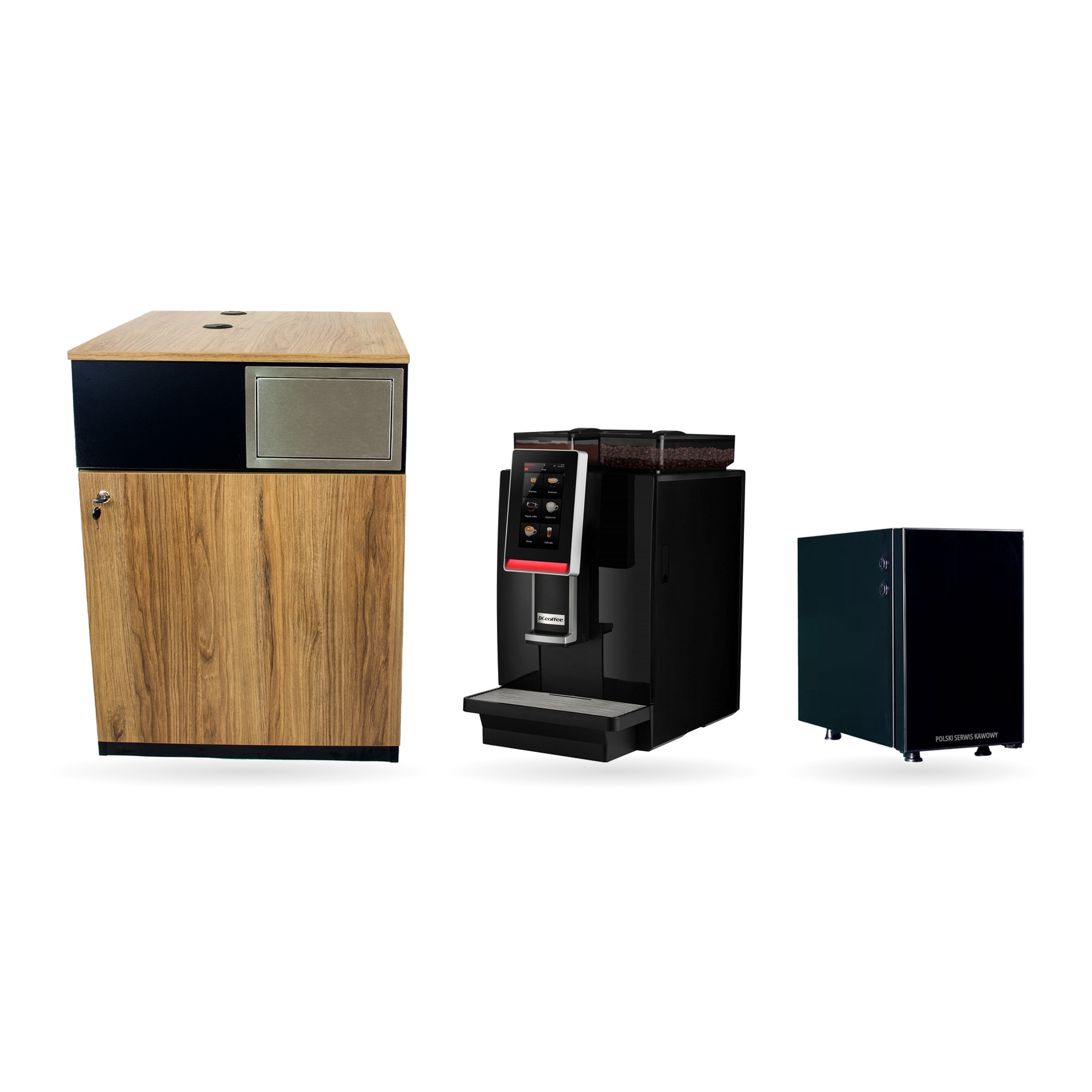 Zestaw Dr.Coffee MiniBar S + szafka + lodówka na mleko — oryginalne zdjęcia produktów obok siebie